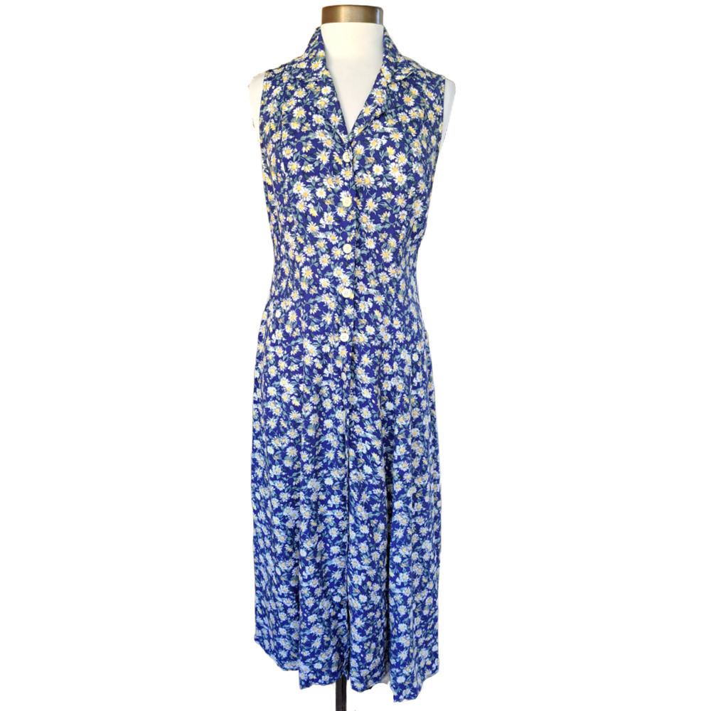 Vintage 90s Maxi Shirt Dress Size Blue Daisy Floral Print Jonathan Martin